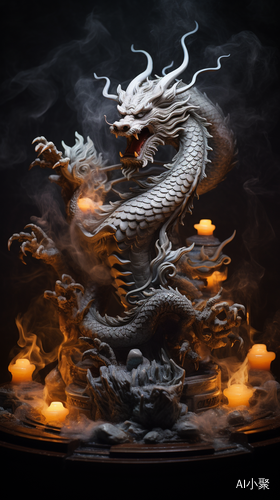 Chinese Dragon Statue in Dark Room with Explosive Liquid