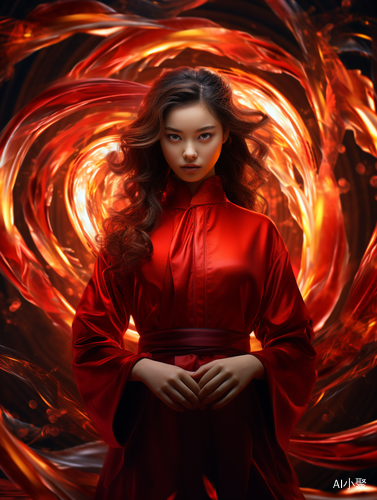 Asian-inspired Girl in Red with Strong Facial Expression