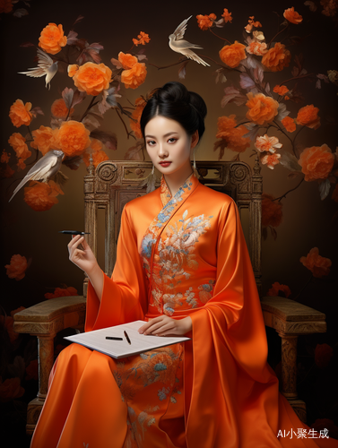 中国传统优雅正式的橙色裙子女人