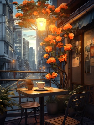 Prompt: flower, chair, window, table, building, cup, scenery, city, outdoors, tree, street, no humans, orange flower, lamppost, no humanNegative Prompt: text, logo