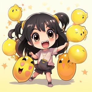 Cute Little Girl with Black Hair and Multiple Emoticons