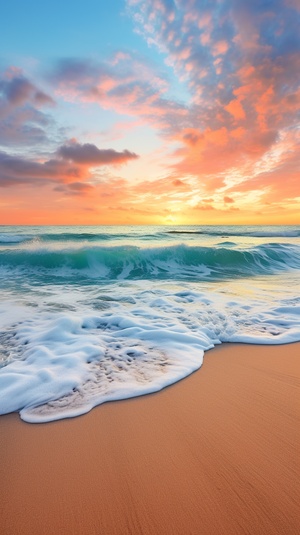 Large flat sandy beach, stretching for several miles, with no smoke traces, the waves gently lapping the shore, sometimes rising and sometimes falling, showing blue-green waves, the sea is endless, the sunset sets, the orange-red sunset and the light blue sky reflect each other, as if it were a picture scroll. High-definition shooting, the perspective of squatting on the beach, the beach occupies 12 of the picture, the sea and the sky each account for 14, which exists between Cinematic style and realism. v 