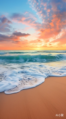 Endless Sandy Beach with Blue-Green Waves and Stunning Sunset