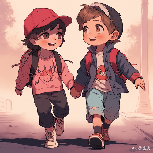 浅红色和红色的卡通小孩手拉手散步