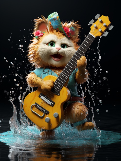 an image of an animated character with a guitar, in the style of chinapunk, photorealistic scenes, toyism, anthropomorphic animals, cottagepunk, water drops, 32k uhd ar 93:128