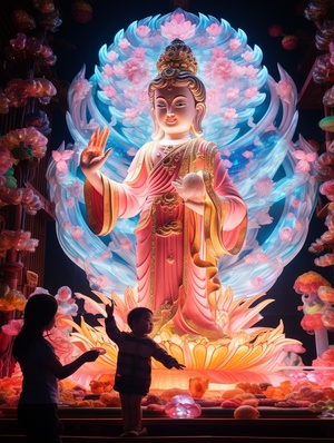 A large color light display in front of baby and Guanyin, multi-level size, thin steel form, 32K Ultra HD, chinapunk, point-and-point accuracy, streamlined design, rainbowcore, Photo, photography, soft light, best picture quality, High image quality, High Detail, HD, Crazy Detail, Ultra HD quality ar,57:128