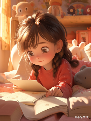 白天看书卡通小女孩