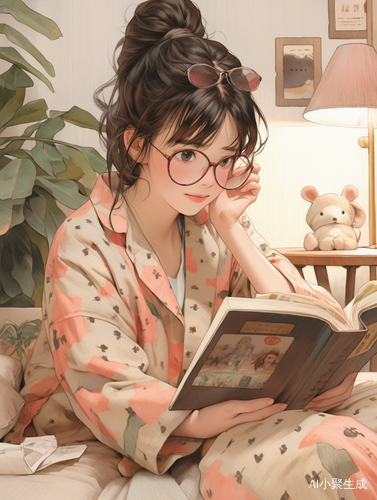 温馨简约：女孩家中穿着睡衣静读书