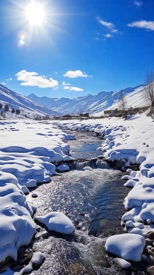 积雪，冬天的铃兰花悬挂在树上，积雪压在铃兰花上，粉红色的铃兰花，绿色的树叶，背景是冬天的房屋，积雪，高清，真实高清，高品质，真实的铃兰花，远景拍摄，超广角拍摄 ，铃兰花突出