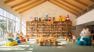 the children's library in a high ceiling room that has a hippo statue for children to play with, in the style of hallyu, ocean academia, synchromism, punctuated caricature, ricoh ff-9d, made of plastic, colorful storytelling ar 3:4