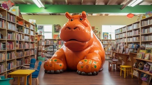 the children's library in a high ceiling room that has a hippo statue for children to play with, in the style of hallyu, ocean academia, synchromism, punctuated caricature, ricoh ff-9d, made of plastic, colorful storytelling ar 3:4