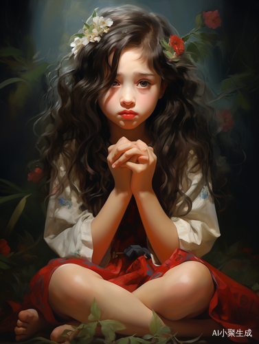 中国现代小女孩花裙子角落哭泣长卷发