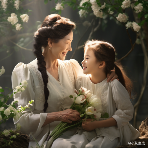 中国老奶奶、漂亮年轻妈妈和可爱女孩的拥抱