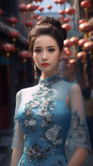 美女，20岁，中国，五官端正，古代发饰，穿着华丽的浅蓝色修身旗袍，站在街上，全身照，超高清，超分辨率，大师杰作。