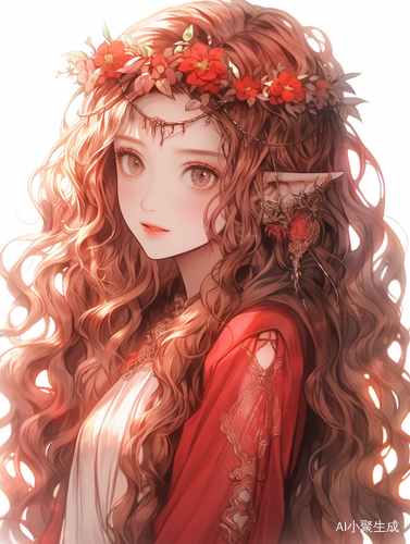 红色自然卷长发的精灵少女礼服造型