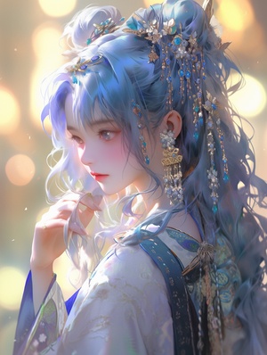 kpop idol doll art wallpaper, in the style of traditional chinese painting, gold and cyan,magical girl, oil portraitures, softly luminous,li-core, ue5 ar 160:213 niji 5 styleexpressives 50