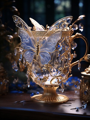 A cup inlaid with crystal butterflies,gilt inlaid, jewelry, dazzling, dreamyatmosphere, brilliant, sculpture,professional photography,Unreal Engine- ar 3:4v 5.1