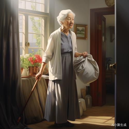 明亮客厅中敲门的老奶奶
