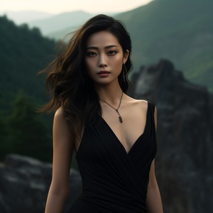 asian modern woman posing outdoors in black dress, in the style of mountainous vistas, exaggerated facial features, soft-focused realism, gongbi