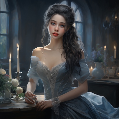 a girl in a dress standing by a table dressed in blue, in the style of nightcore, realistic portraits, dark silver and light gray, i can't believe how beautiful this is, princesscore, romanticized figures, soft and dreamy depictions