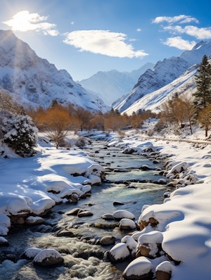 积雪，冬天的铃兰花悬挂在树上，积雪压在铃兰花上，粉红色的铃兰花，绿色的树叶，背景是冬天的房屋，积雪，高清，真实高清，高品质，真实的铃兰花，远景拍摄，超广角拍摄 ，铃兰花突出