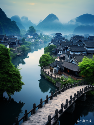 江南水乡，石桥与云雾环绕的仙境