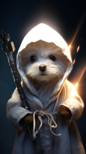 Pixar Style, Tiny cute and adorable white dog adventurer in hooded assassin robe , jean baptiste monge , anthropomorphic , dramatic lighting, backlit, 8k, portrait, ar 9:16 s 5000 testp upbeta upbeta