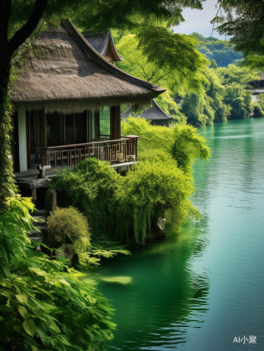 Jade Lake: A Serene Paradise with a Thatched Cottage