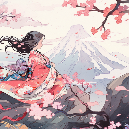 和服美女与飘落樱花的富士山