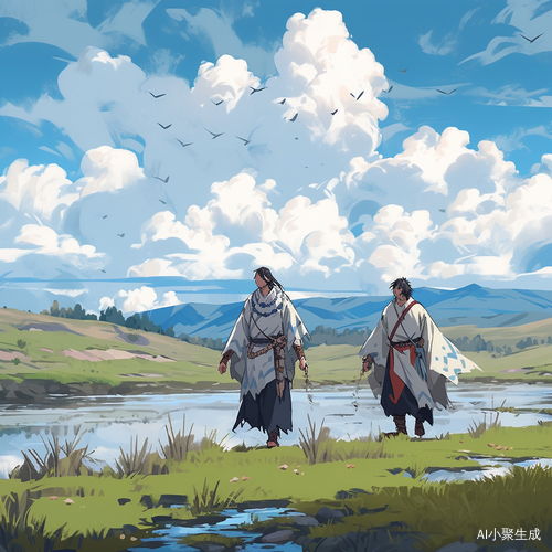 蒙古草原上蓝天白云男子