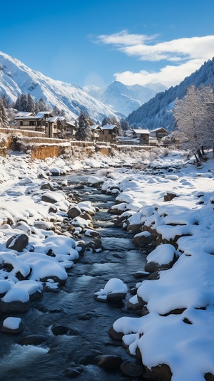 积雪，冬天的铃兰花悬挂在树上，积雪压在铃兰花上，粉红色的铃兰花，绿色的树叶，背景是冬天的房屋，积雪，高清，真实高清，高品质，真实的铃兰花，远景拍摄，超广角拍摄 ，铃兰花突出