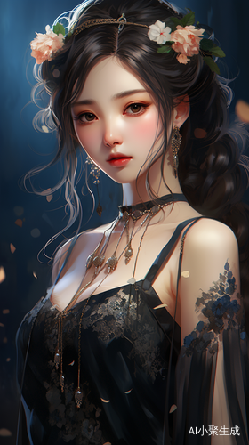 Close up of a stunning anime girl with a flower in her hair