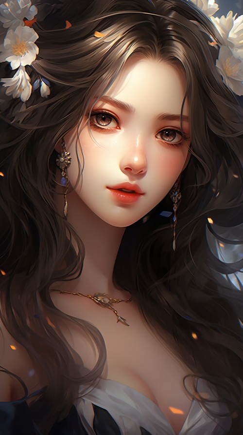 a close up of a woman with a flower in her hair, a character portrait, by Yang J, trending on cg society, fantasy art, anime girl wearing a black dress, beautiful render of tang dynasty, close up of a young anime girl, glowing porcelain skin, bust with a long beautiful neck, high detailed face anime, anime thai girl, gothic maiden anime girl niji 5 ar 2:3