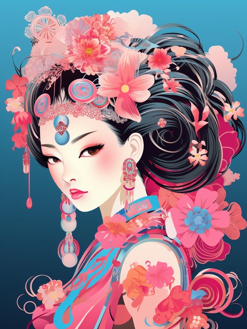 ①Oriental girl, traditional Chinese hairaccessories② Bright pink and colorful elements③ Vector style paintingoriental beauty girl by matt dehlolo, in the style ofcolorful animation stills, guo pei, eye-catching,qian xuan, dark pink and light blue, colorfulfigures, marjorie miller, Doodle in the style of KeithHaring, sharpieillustration, simple details,minimalistluminism, isolated figures