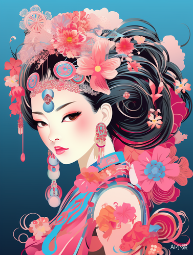 Oriental Girl with Bright Pink and Colorful Hair Accessories