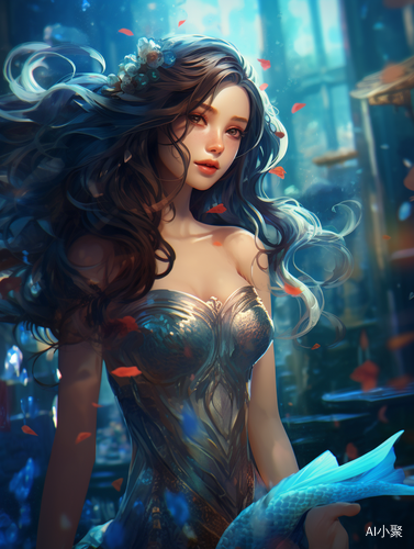 Beautiful Mermaid in Blue Sea with Charming Character Illustrations