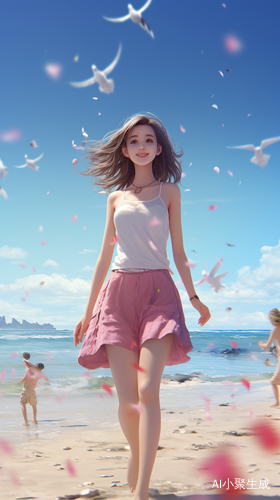 海边沙滩上的微笑女孩