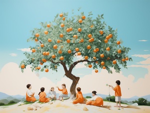 Oriental Minimalism: Gentle Lyricism of Children Around an Orange Tree