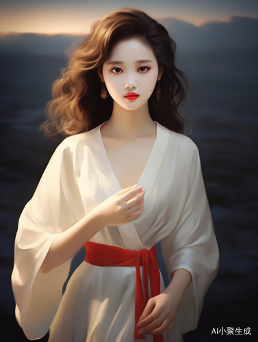 中国现代女人披肩发白色连衣裙红鞋远距离拍摄