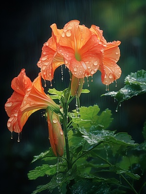 a colorful glowing trumpet flower bloomed seven or eight times, ready to bloom, drenched in rain. the green garden background was ultra high definition, realisticquality 2 chaos 40 style raw