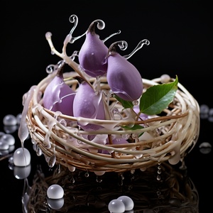 cute, water droplet, purple soybean flower in white tangle basket,