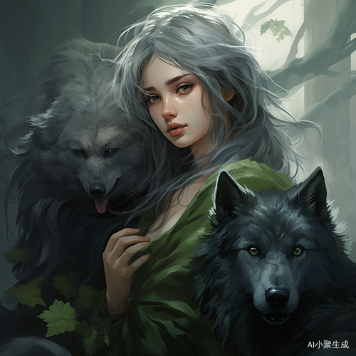 绿色风格的女孩与黑灰色的狼