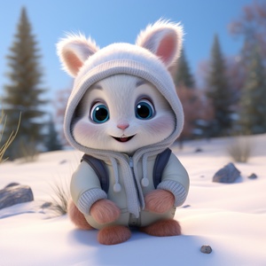 Tiny cute and adorable bunny dressed in casual wear, sat on the ground in the snow,Pixar style, anthropomorphic , 8k, trending on artstation, Gorgeous,headshot,8K+UHD, ar 9:16 testp upbeta upbeta