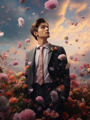 Handsome Boy Amidst Colorful Clouds and Flowers