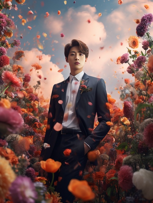 A handsome boy standing among flowers surrounded by colorful clouds, in a suit, Flowers are buried in the clouds and mist fashion magazine photography,highly realistic, romanticism,UHD,16k ultra-high definition,SMC Pentax 75mm f2.8AL ar3:4q 5