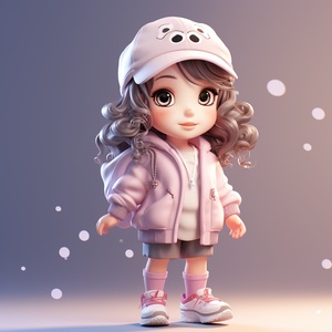 cute trendy little girl,delicate feature,solid color background,hip-pop,advanced color scheme,ip,3d,C4d,8k,OC renderer,blind box,best quality,cinematic lighting,light and dark contrast,detail,light color,UHD,3d rendering