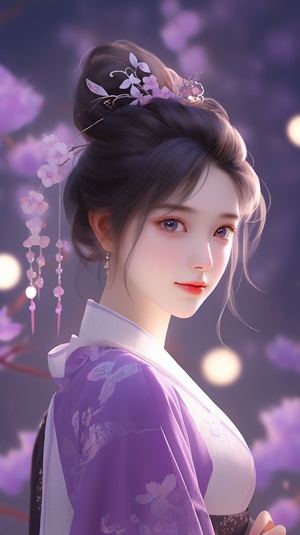 On,Mid-Autumn,Festival,,a,woman,wearing,a,purple,Han,suit,in,ancient,China,,with,large,eyes,,delicate,facial,features,,simple,clothes,,clear,details,,and,a,large,round,moon,in,the,background,,sat,under,the,osmanthus,and,played,the,pipa,in,high,detail,,32K,