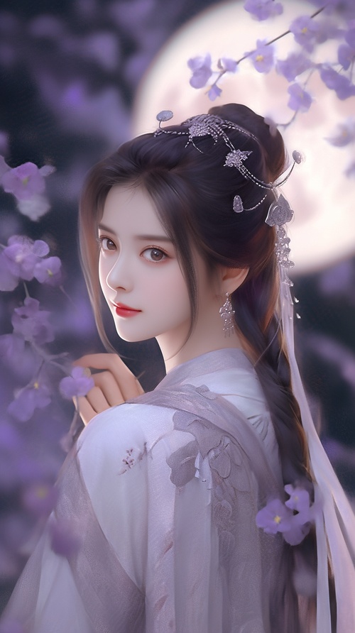 On,Mid-Autumn,Festival,,a,woman,wearing,a,purple,Han,suit,in,ancient,China,,with,large,eyes,,delicate,facial,features,,simple,clothes,,clear,details,,and,a,large,round,moon,in,the,background,,sat,under,the,osmanthus,and,played,the,pipa,in,high,detail,,32K,