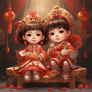 a couple of chinese kids dressed in red and chinese outfits, in the style of plush doll art, 32k uhd, light red and light gold, dark orange and light blue, sandara tang, ornate decorations, lively facial expressions