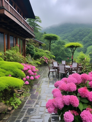 山间别墅，屋前有一片大大的平草地，一大片草地，石板路，漂亮的桌子，茶杯，椅子，远景，有紫绣球，黄绣球花，鲜花，雨后，路面潮湿，道路两边有茂盛的鲜花，超高清，超漂亮，超广角，实拍，现实设备拍摄，超高清，景深拍摄 v 5.2 ar 2:3